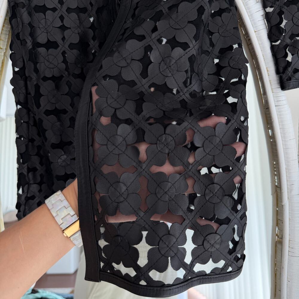 Lamb Leather Cut Out Duster Jacket Womens XS Black Mesh Floral Whimsigoth Art - Picture 6 of 12